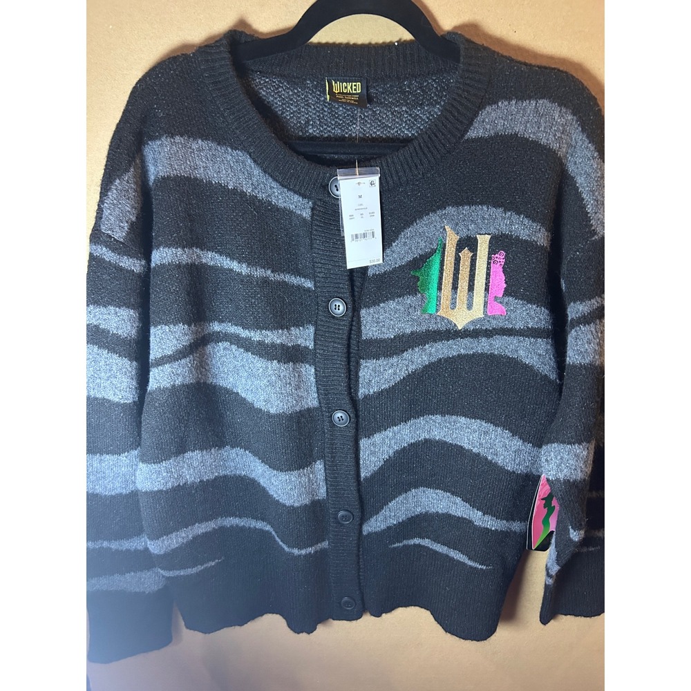 Wicked Movie Cardigan Women Size M Black Grey Striped NEW Embroidered Logo Paul